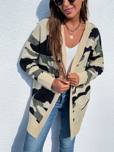 Camouflaged Dropped Shoulder Open Front Cardigan - aurelia-clothing-8955