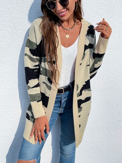 Camouflaged Dropped Shoulder Open Front Cardigan - aurelia-clothing-8955