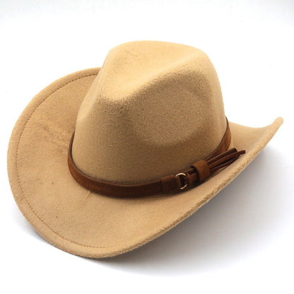 Casual Versatile Retro Camel Belt Autumn Winter Mens and Womens Woolen Western Denim Hat Wide Brim Sun Shade Top Hat - Free Shipping - aurelia-clothing-8955