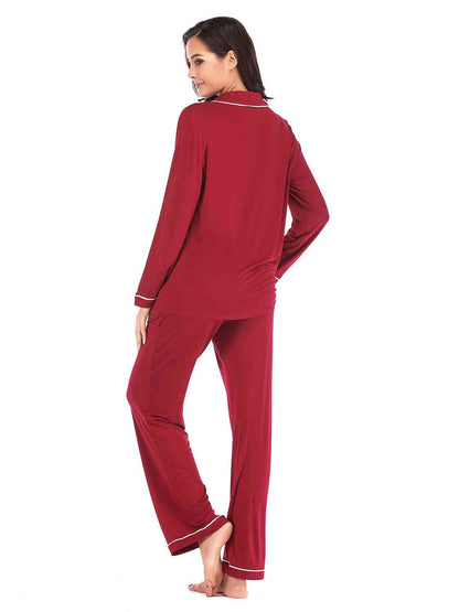Collared Neck Long Sleeve Loungewear Set with Pockets - Free Shipping - Aurelia Clothing