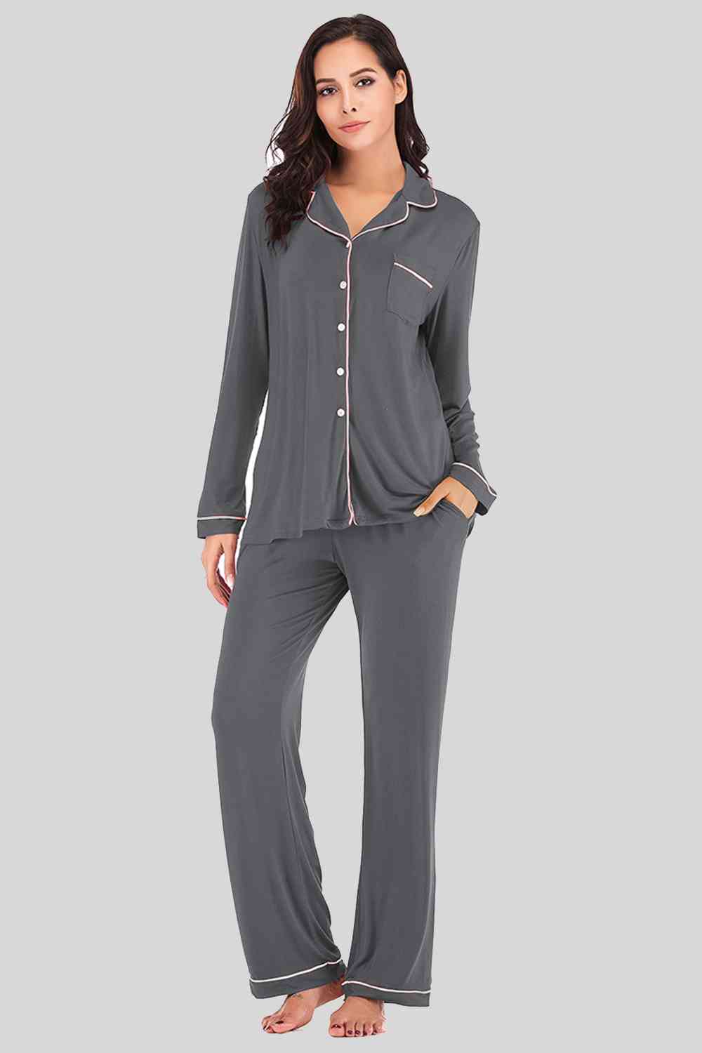 Collared Neck Long Sleeve Loungewear Set with Pockets - Free Shipping - Aurelia Clothing