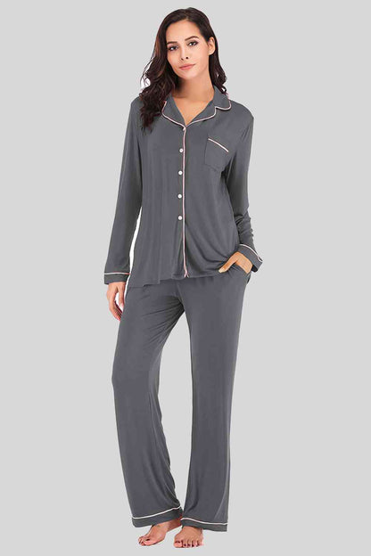 Collared Neck Long Sleeve Loungewear Set with Pockets - Free Shipping - Aurelia Clothing