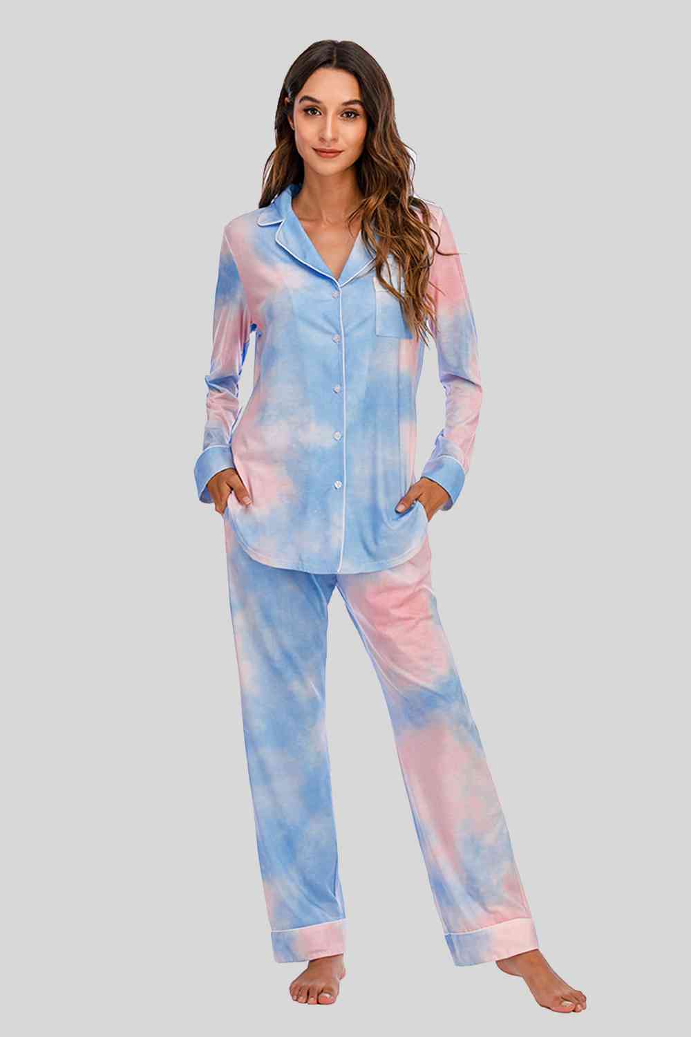 Collared Neck Long Sleeve Loungewear Set with Pockets - Free Shipping - Aurelia Clothing