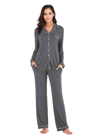 Collared Neck Long Sleeve Loungewear Set with Pockets - Free Shipping - Aurelia Clothing