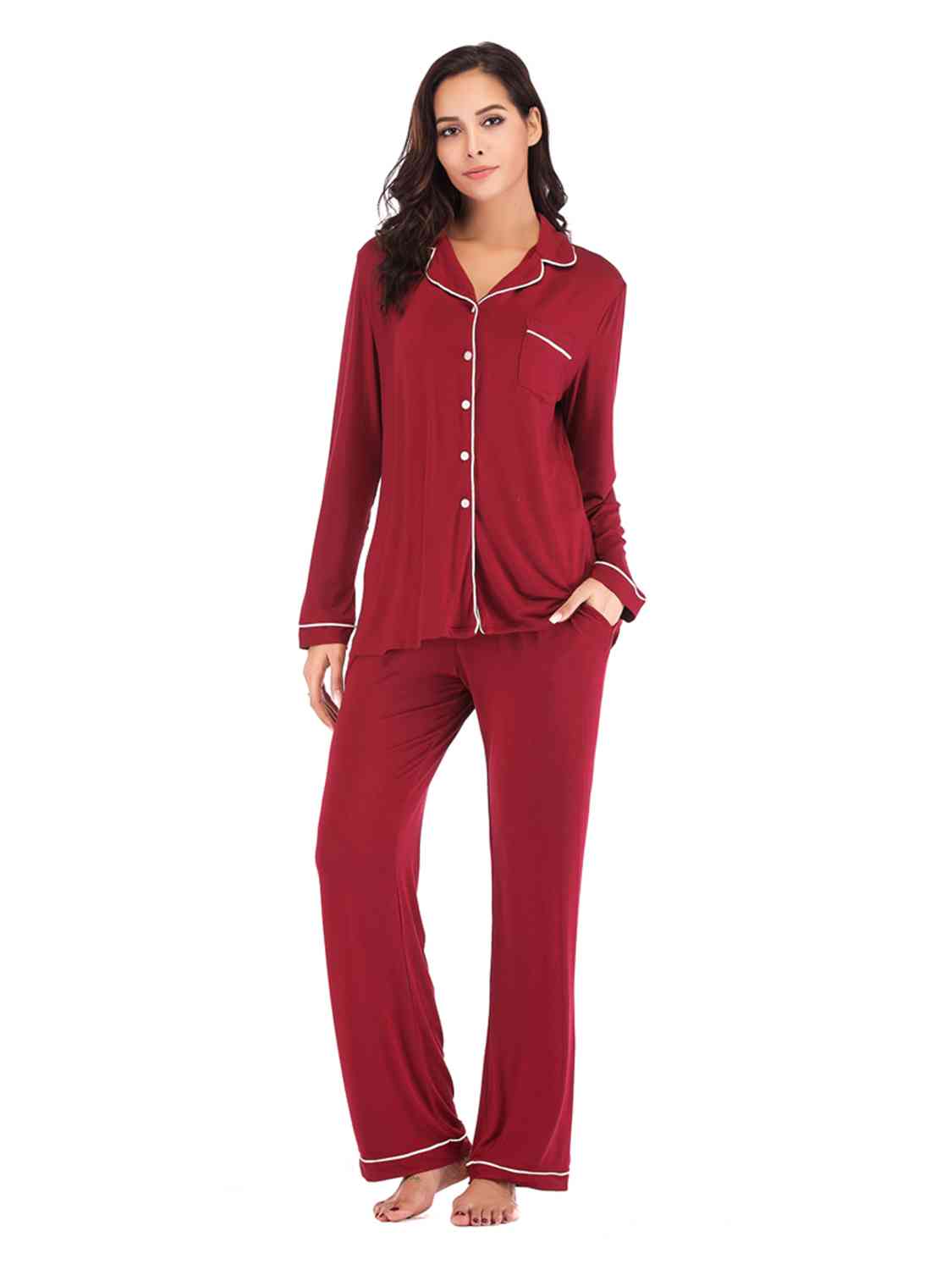 Collared Neck Long Sleeve Loungewear Set with Pockets - Free Shipping - Aurelia Clothing