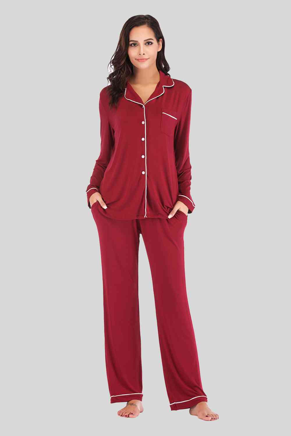 Collared Neck Long Sleeve Loungewear Set with Pockets - Free Shipping - Aurelia Clothing