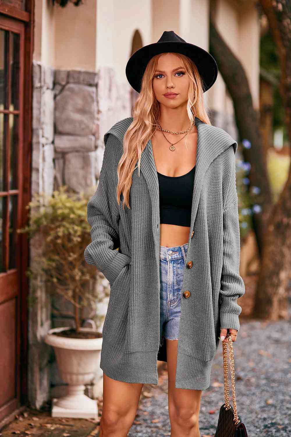 Collared Neck Button-Up Cardigan with Pockets - aurelia-clothing-8955