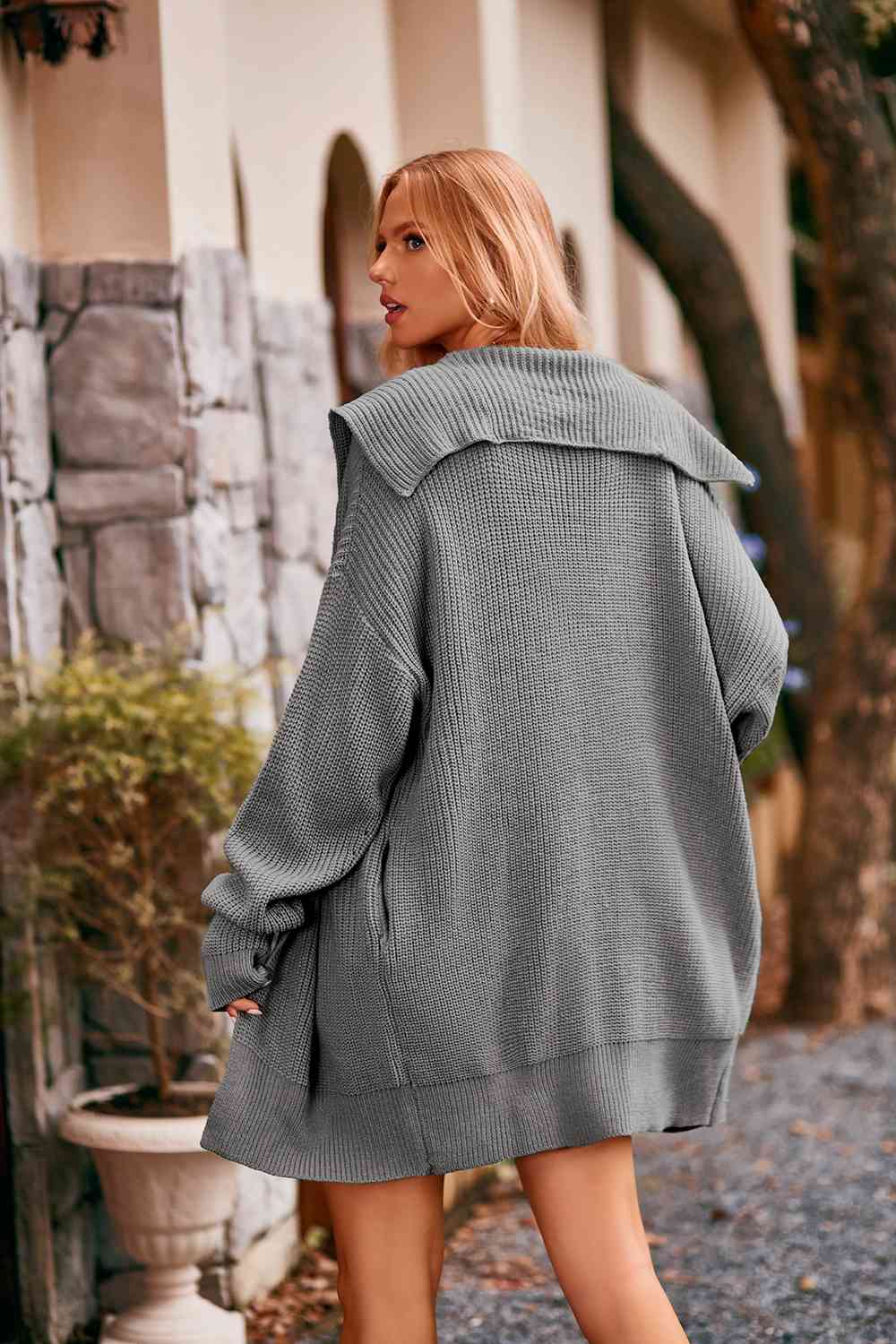 Collared Neck Button-Up Cardigan with Pockets - aurelia-clothing-8955