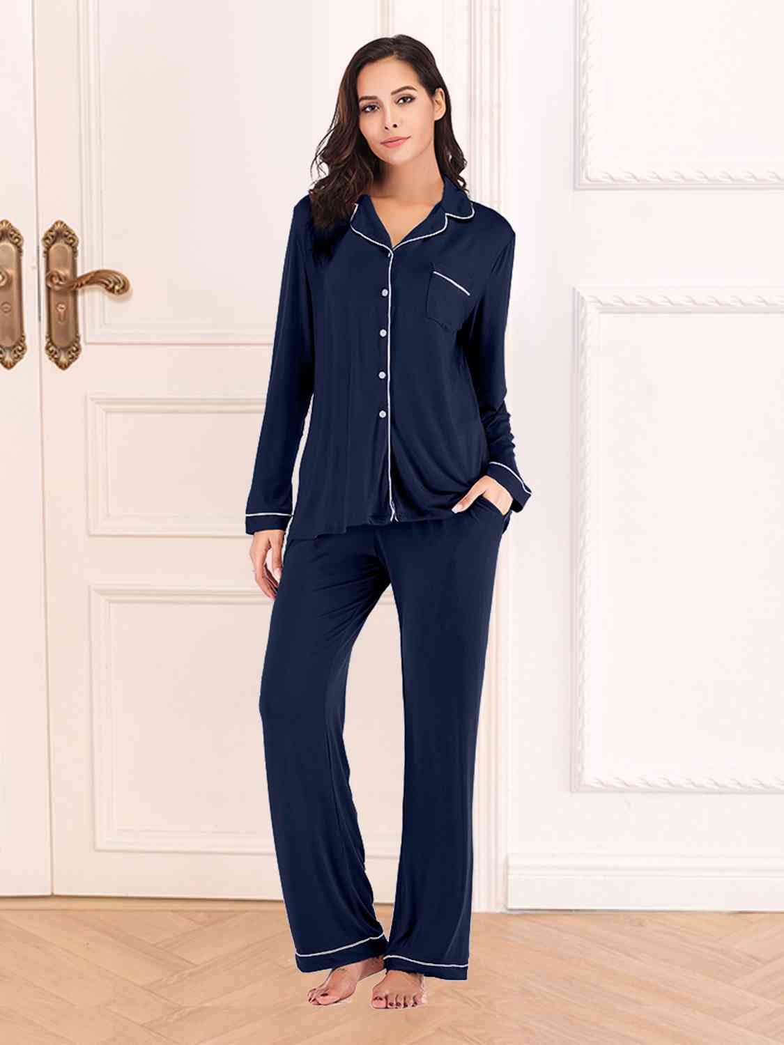 Collared Neck Long Sleeve Loungewear Set with Pockets - Free Shipping - aurelia-clothing-8955