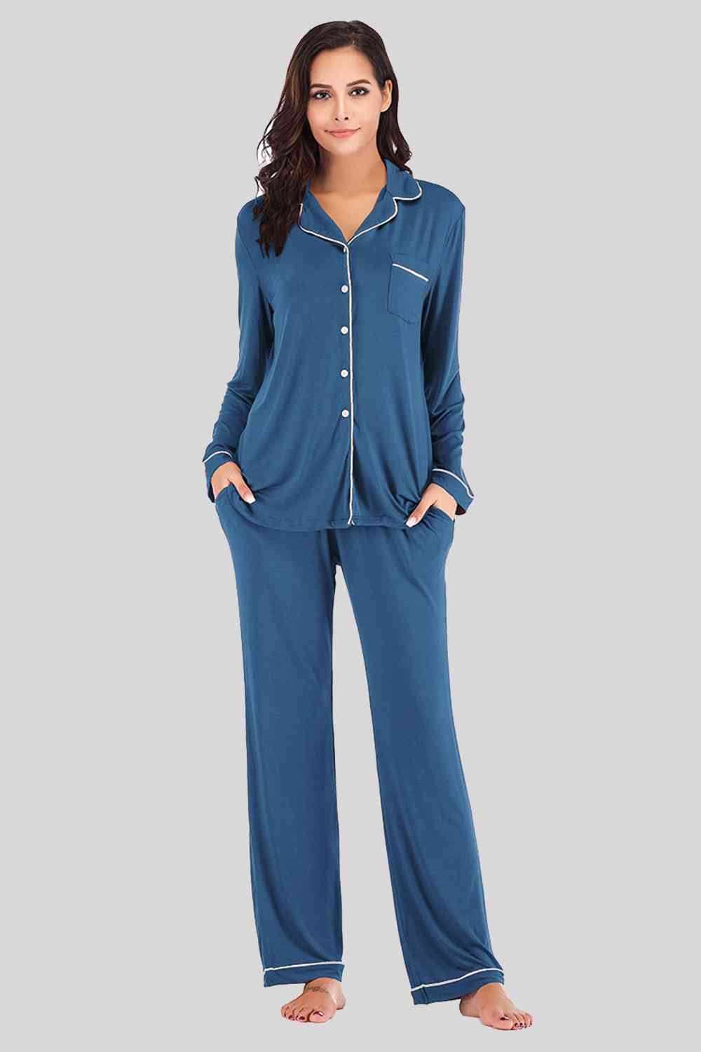Collared Neck Long Sleeve Loungewear Set with Pockets - Free Shipping - aurelia-clothing-8955