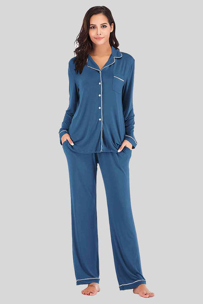 Collared Neck Long Sleeve Loungewear Set with Pockets - Free Shipping - aurelia-clothing-8955