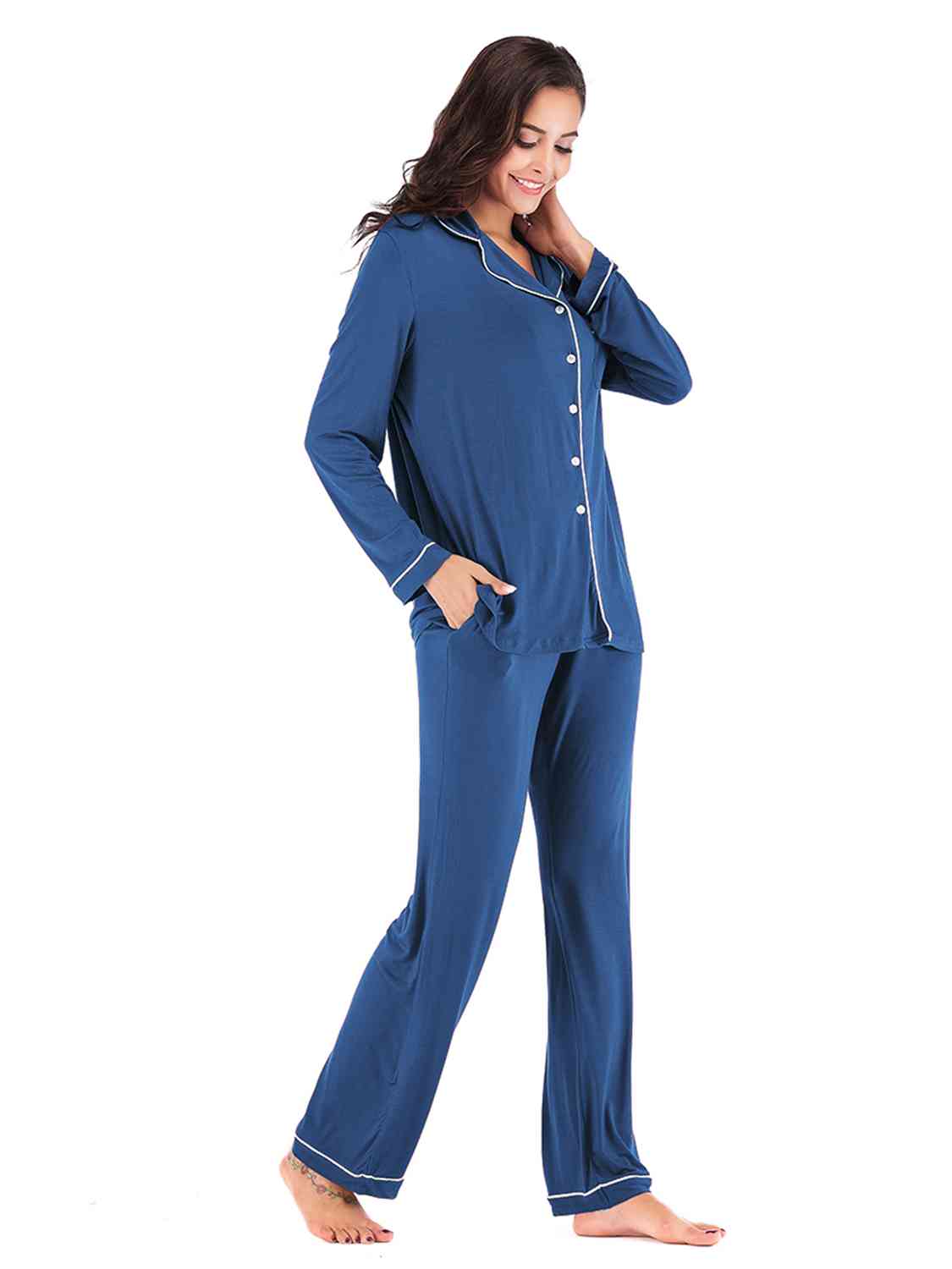 Collared Neck Long Sleeve Loungewear Set with Pockets - Free Shipping - aurelia-clothing-8955