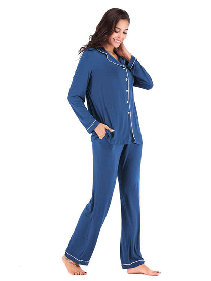 Collared Neck Long Sleeve Loungewear Set with Pockets - Free Shipping - aurelia-clothing-8955