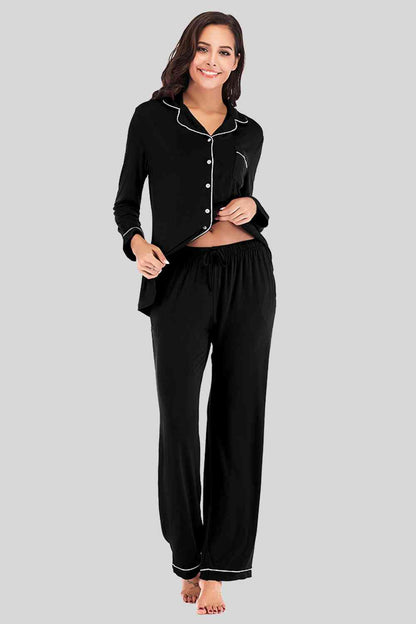Collared Neck Long Sleeve Loungewear Set with Pockets - Free Shipping - aurelia-clothing-8955