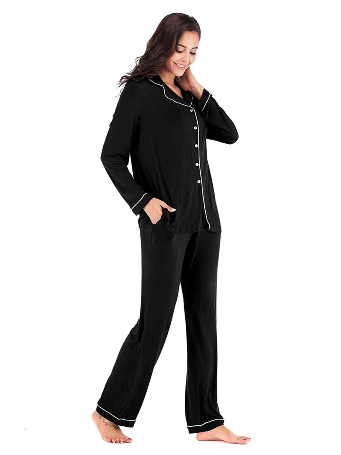 Collared Neck Long Sleeve Loungewear Set with Pockets - Free Shipping - aurelia-clothing-8955