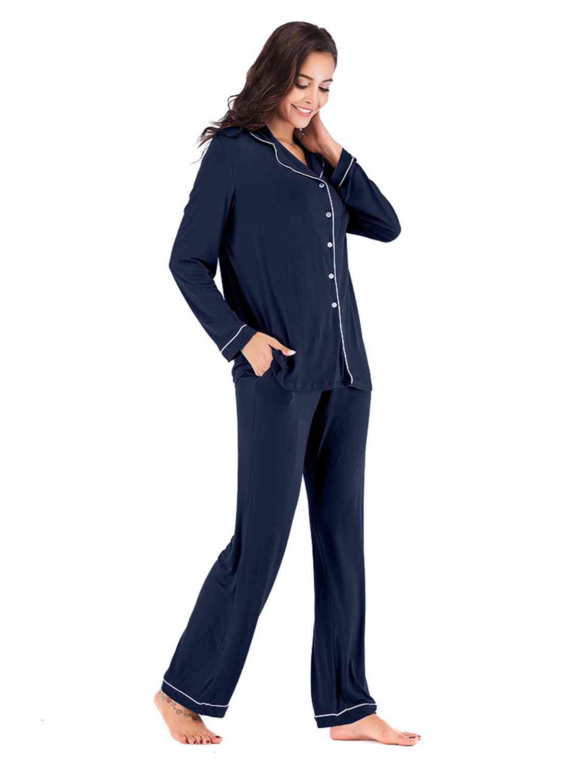 Collared Neck Long Sleeve Loungewear Set with Pockets - Free Shipping - aurelia-clothing-8955
