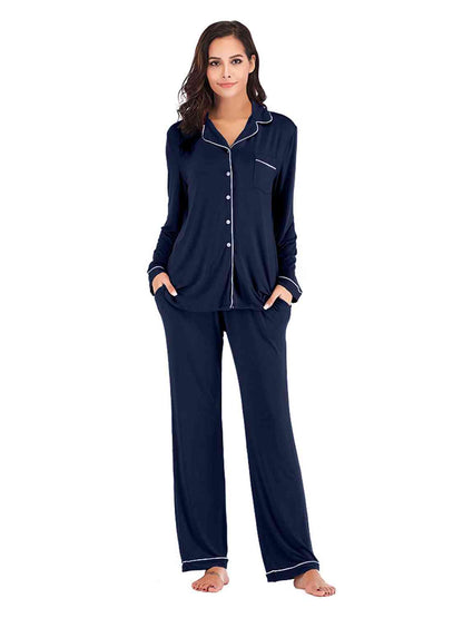 Collared Neck Long Sleeve Loungewear Set with Pockets - Free Shipping - aurelia-clothing-8955