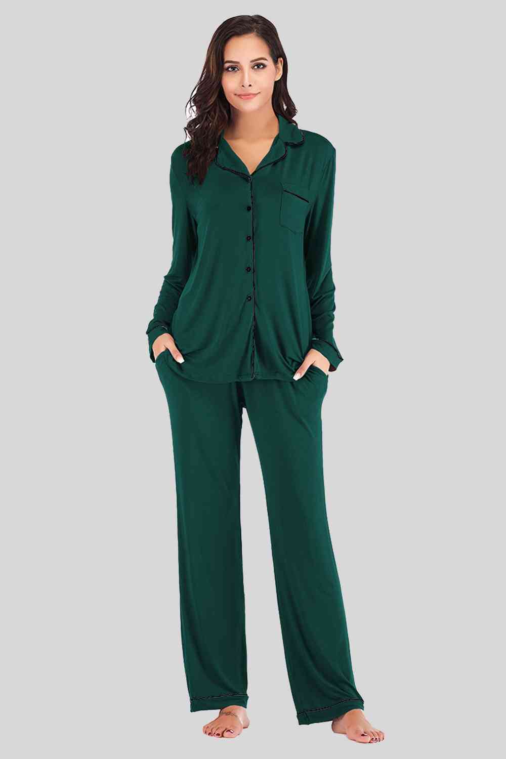 Collared Neck Long Sleeve Loungewear Set with Pockets - Free Shipping - aurelia-clothing-8955
