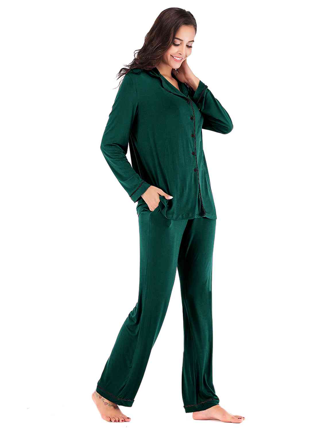 Collared Neck Long Sleeve Loungewear Set with Pockets - Free Shipping - aurelia-clothing-8955