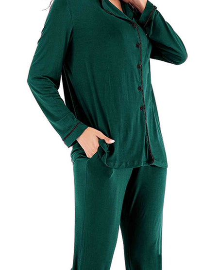 Collared Neck Long Sleeve Loungewear Set with Pockets - Free Shipping - aurelia-clothing-8955