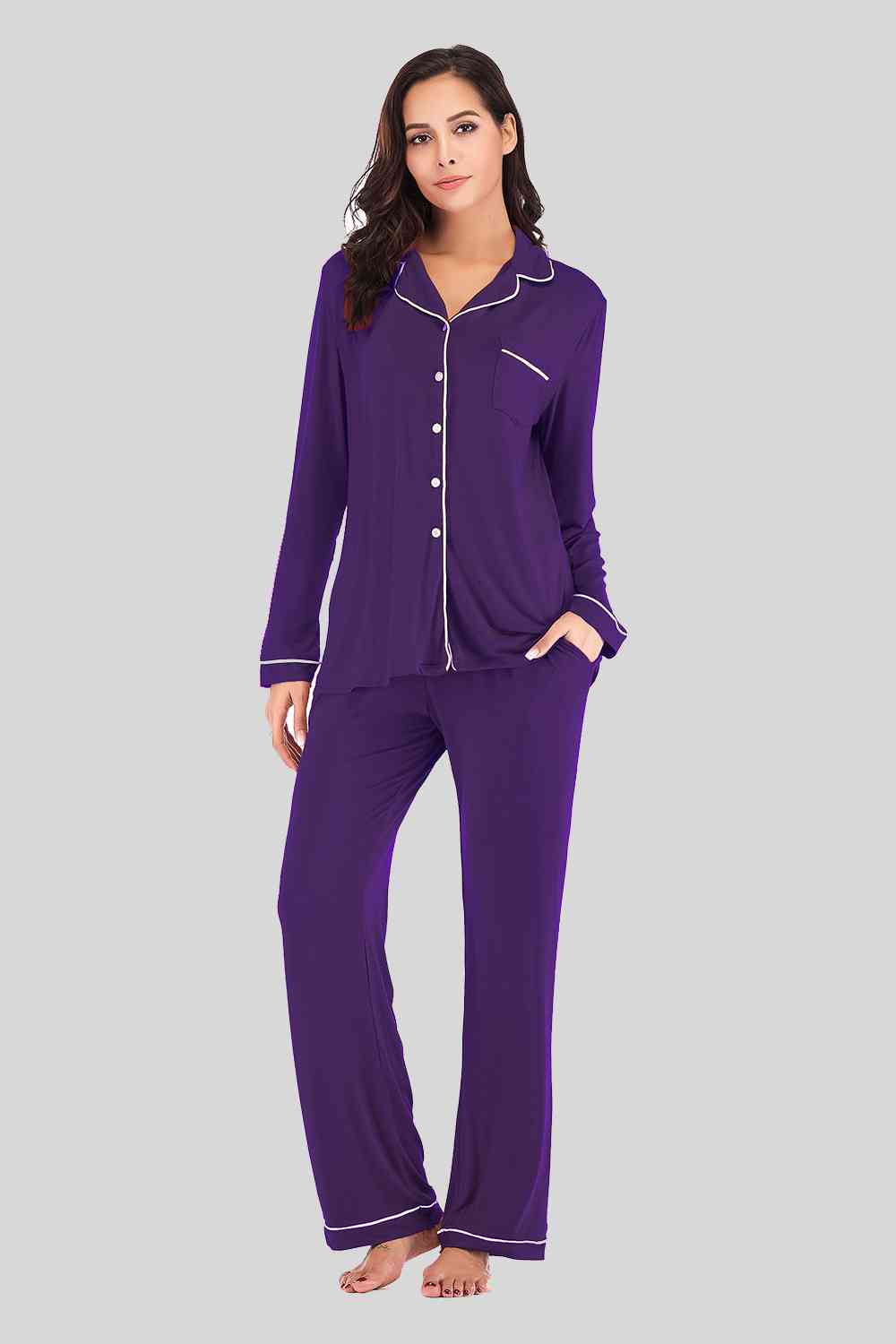 Collared Neck Long Sleeve Loungewear Set with Pockets - Free Shipping - aurelia-clothing-8955