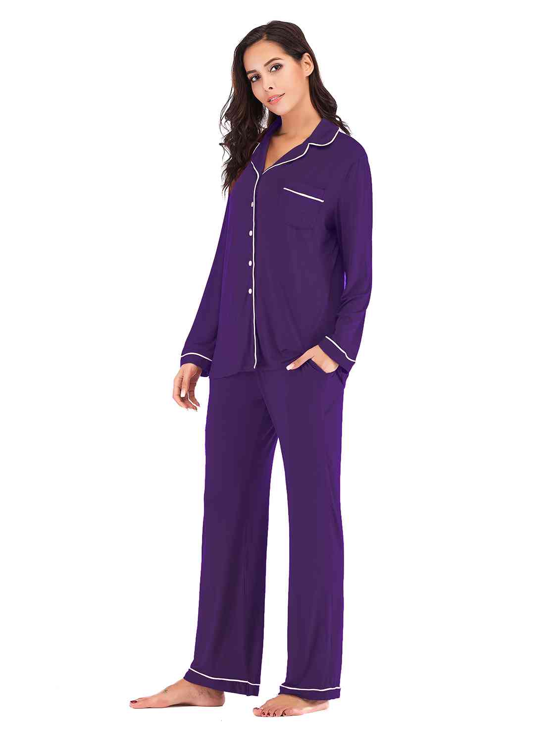 Collared Neck Long Sleeve Loungewear Set with Pockets - Free Shipping - aurelia-clothing-8955