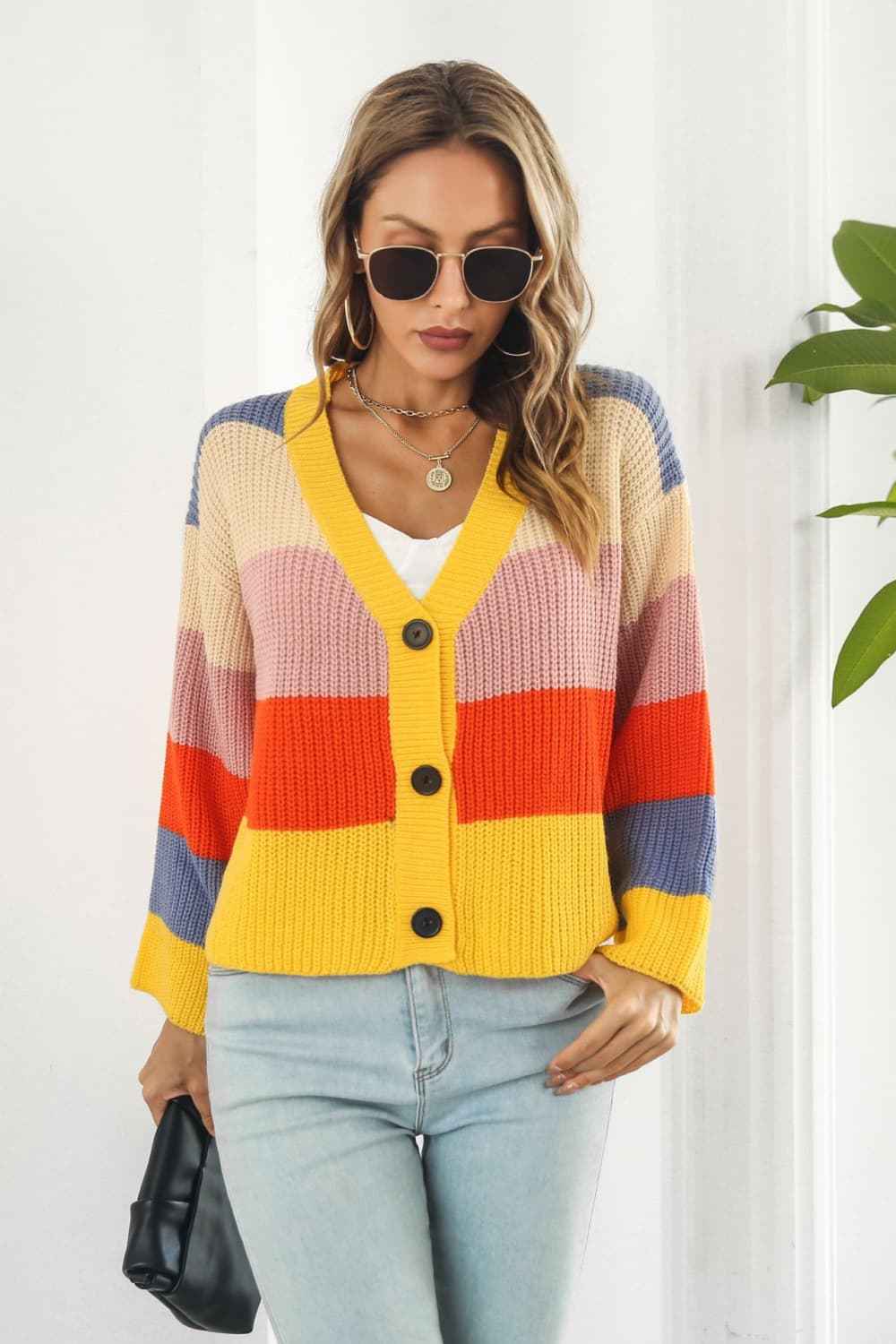 Color Block Button-Down Dropped Shoulder Cardigan - aurelia-clothing-8955