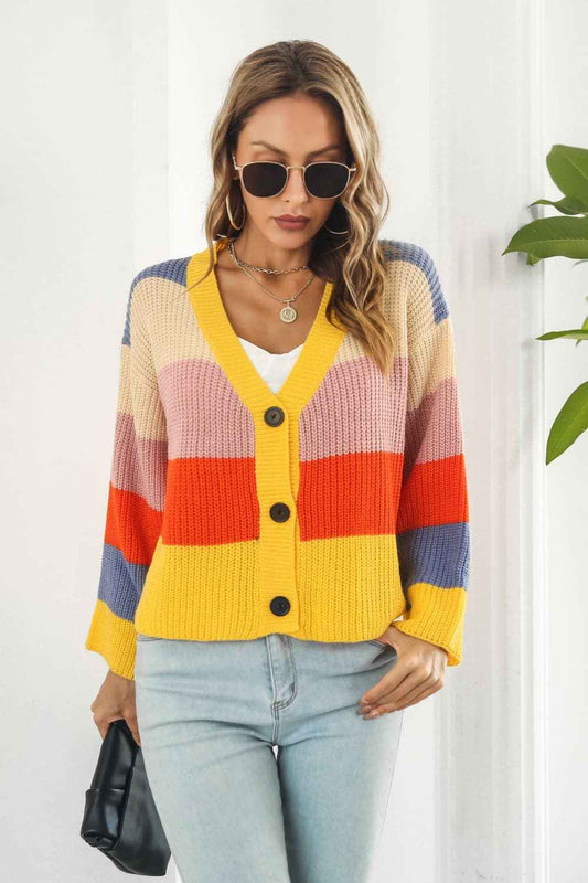 Color Block Button-Down Dropped Shoulder Cardigan - aurelia-clothing-8955