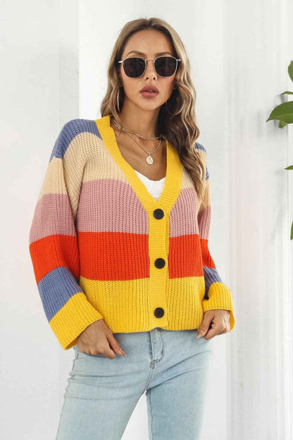 Color Block Button-Down Dropped Shoulder Cardigan - aurelia-clothing-8955