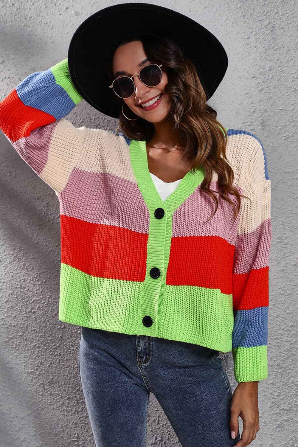 Color Block Button-Down Dropped Shoulder Cardigan - aurelia-clothing-8955