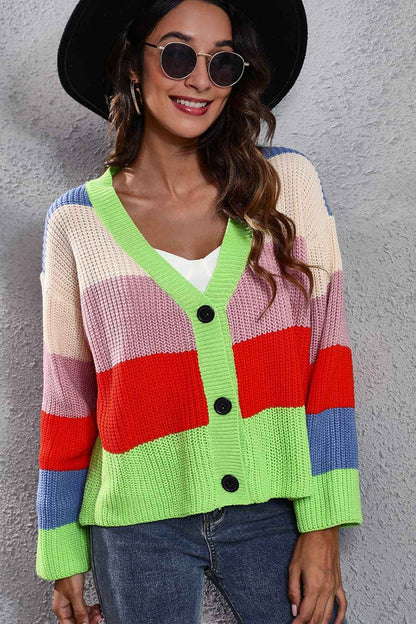 Color Block Button-Down Dropped Shoulder Cardigan - aurelia-clothing-8955