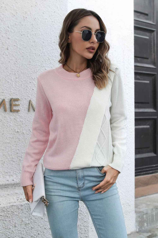 Contrast Color Round Neck Long Sleeve Sweater - aurelia-clothing-8955