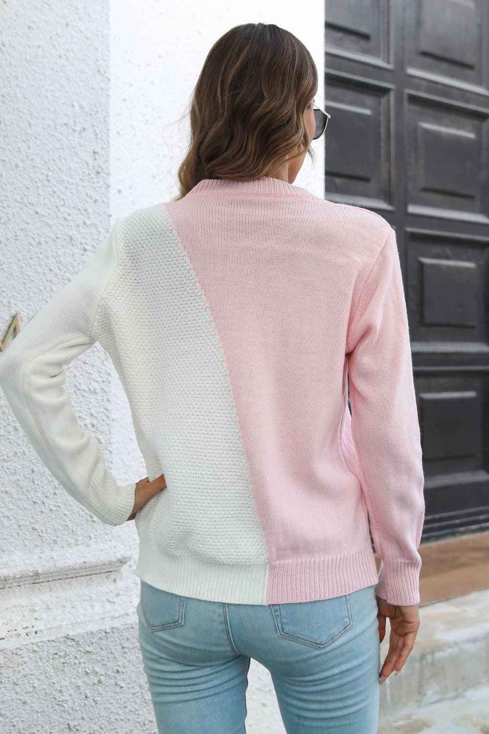 Contrast Color Round Neck Long Sleeve Sweater - aurelia-clothing-8955