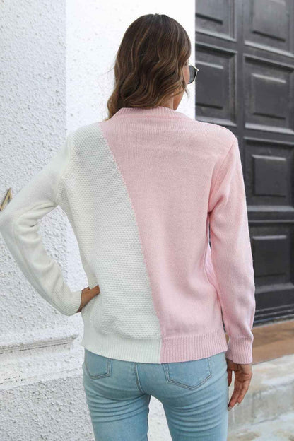 Contrast Color Round Neck Long Sleeve Sweater - aurelia-clothing-8955