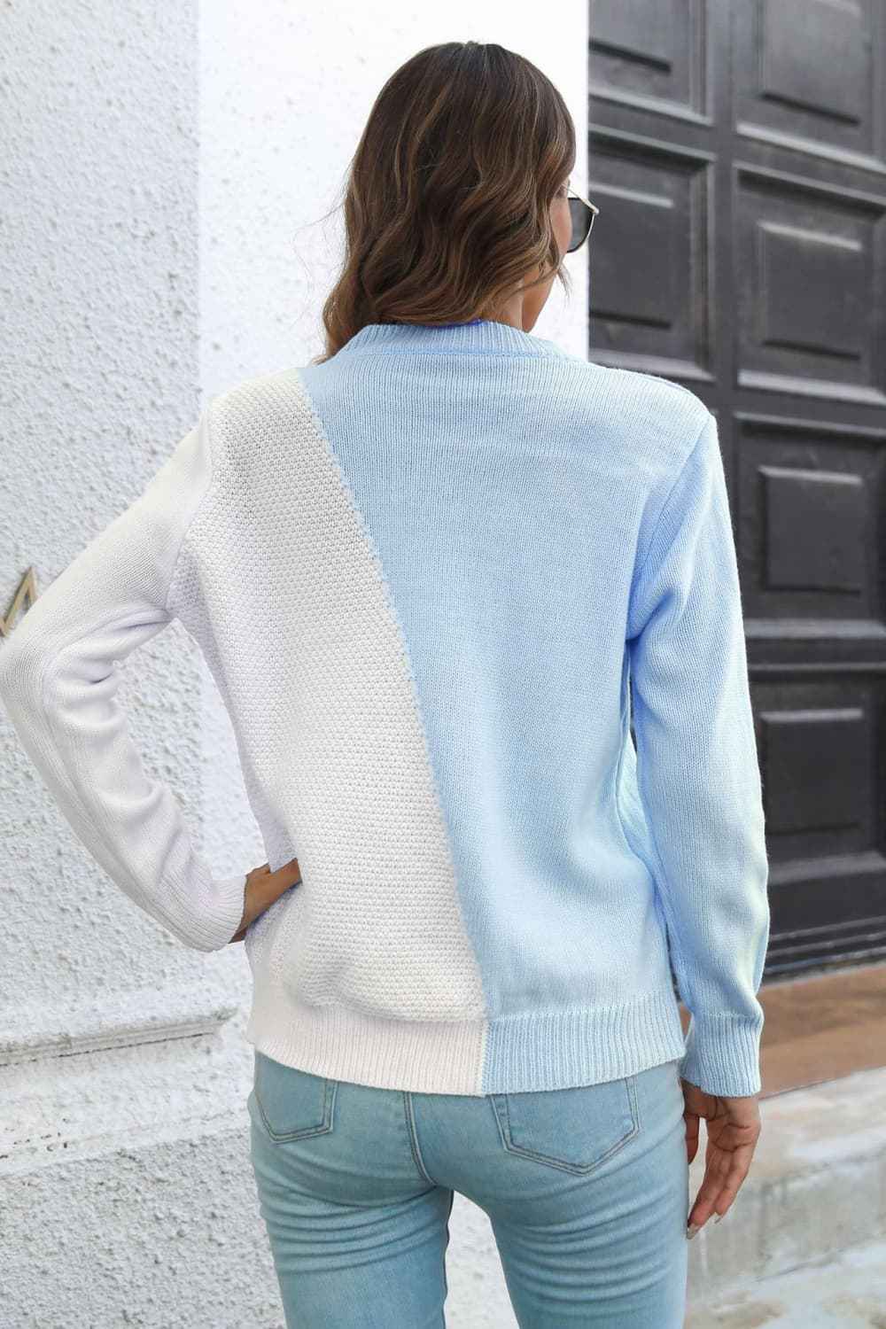 Contrast Color Round Neck Long Sleeve Sweater - aurelia-clothing-8955