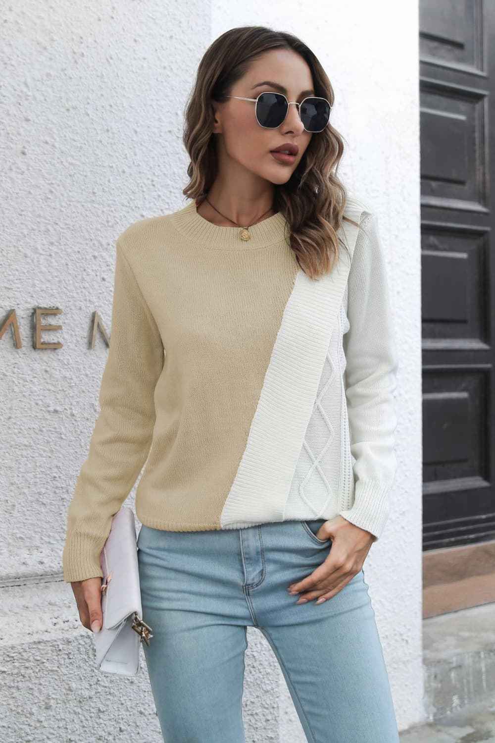 Contrast Color Round Neck Long Sleeve Sweater - aurelia-clothing-8955