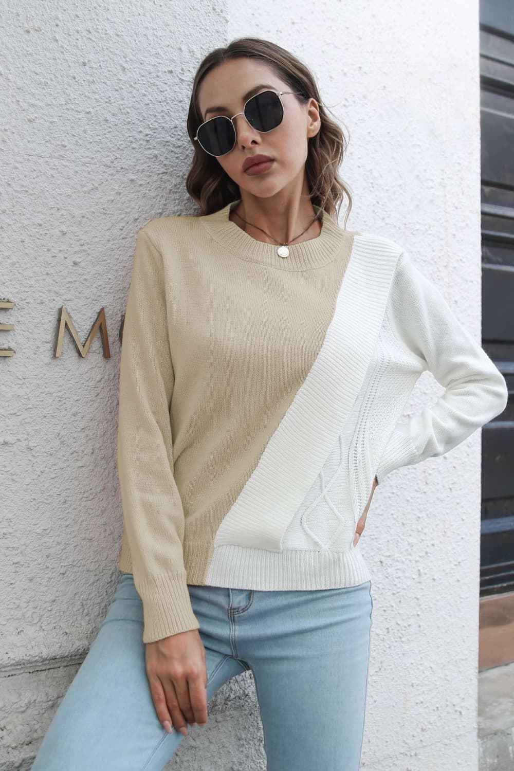 Contrast Color Round Neck Long Sleeve Sweater - aurelia-clothing-8955