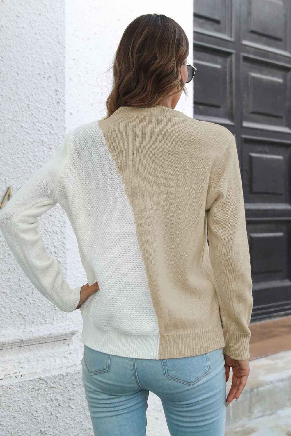 Contrast Color Round Neck Long Sleeve Sweater - aurelia-clothing-8955
