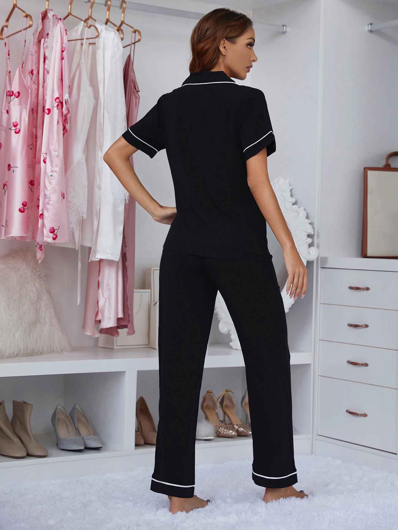 Contrast Piping Lapel Collar Short Sleeve Top and Pants Pajama Set - aurelia-clothing-8955