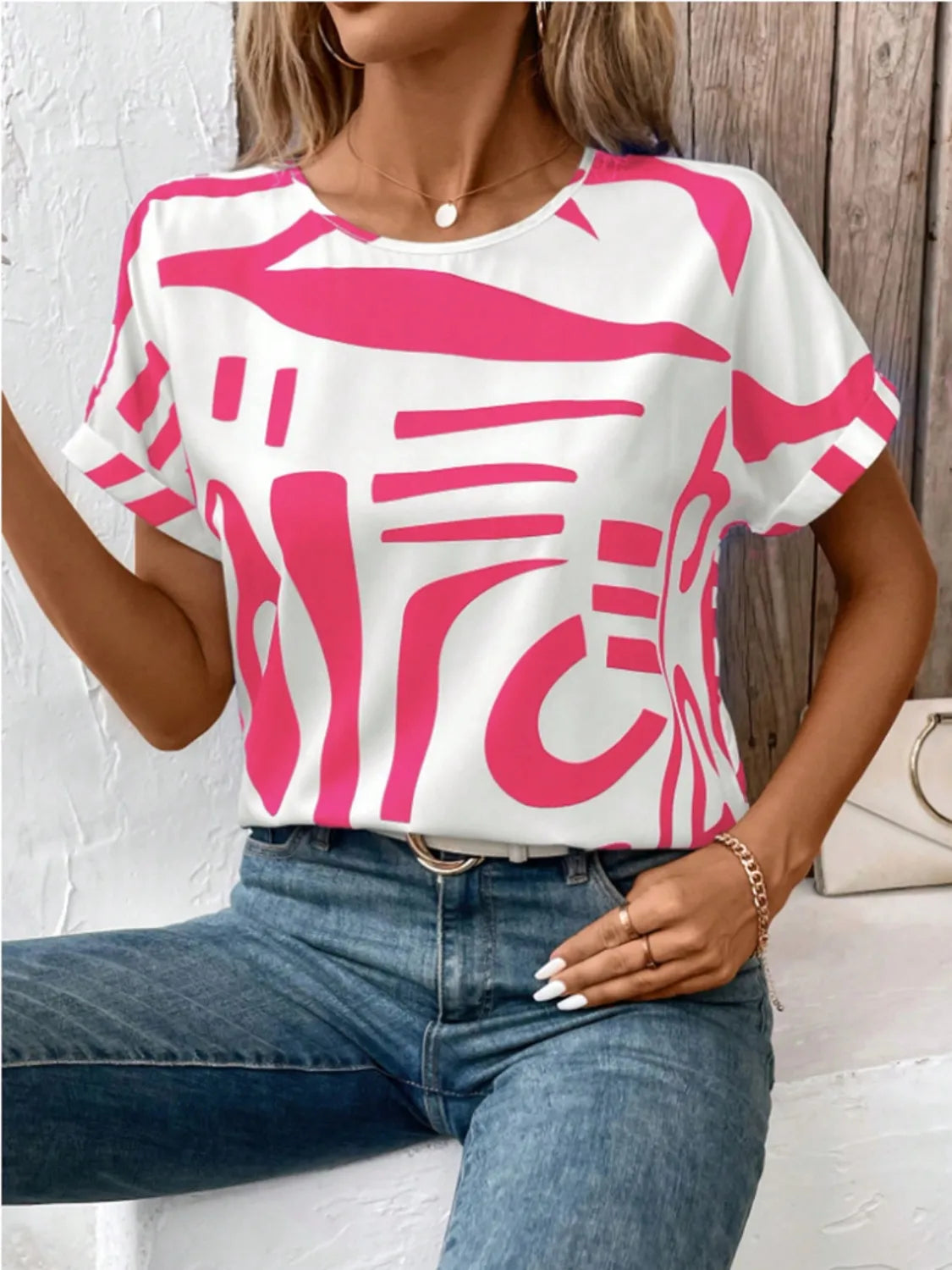 Contrast Round Neck Short Sleeve Blouse - Free Shipping - aurelia-clothing-8955