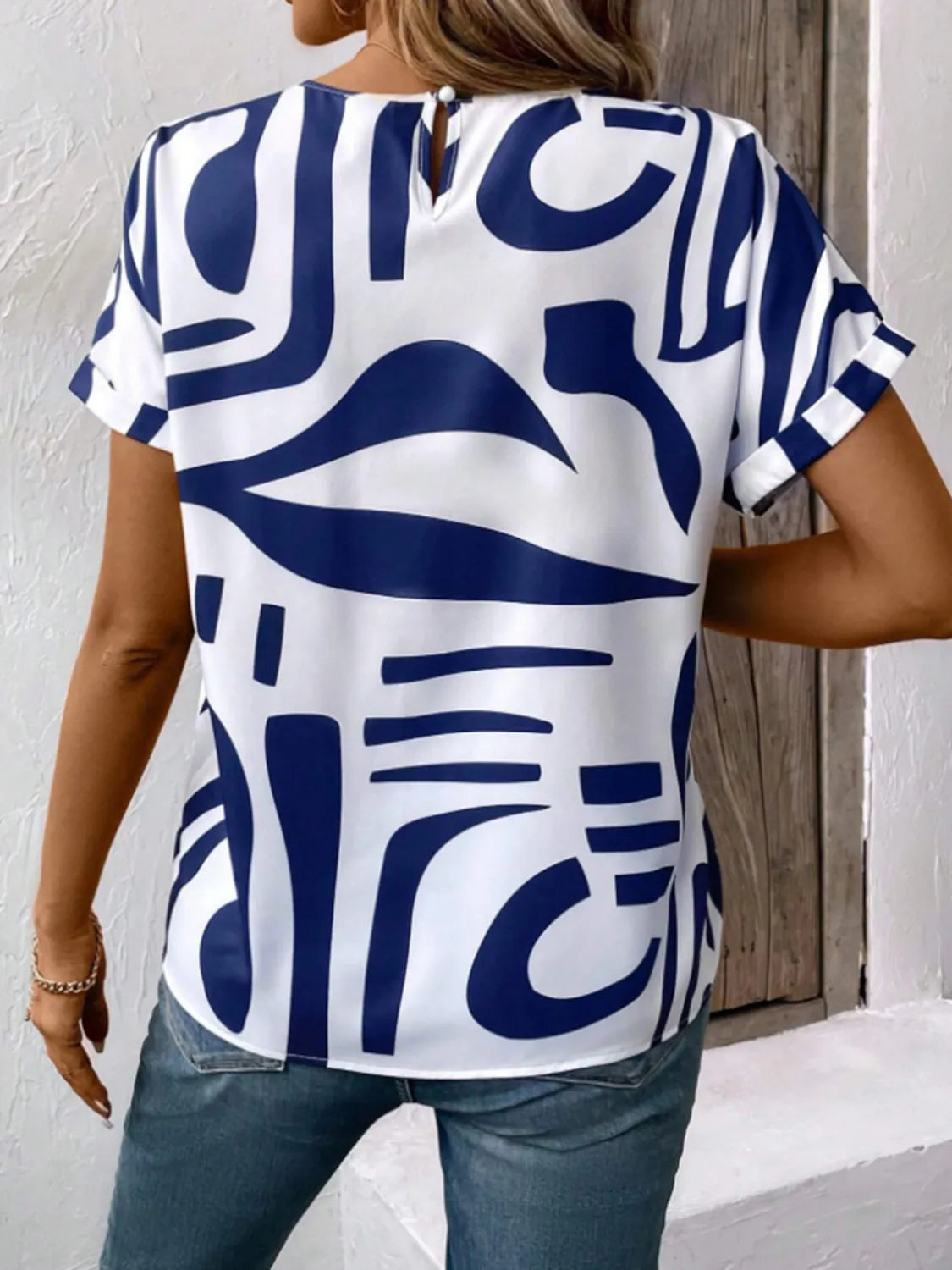 Contrast Round Neck Short Sleeve Blouse - Free Shipping - aurelia-clothing-8955