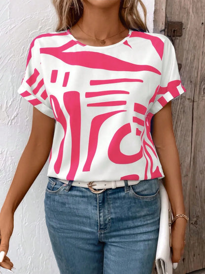 Contrast Round Neck Short Sleeve Blouse - Free Shipping - aurelia-clothing-8955
