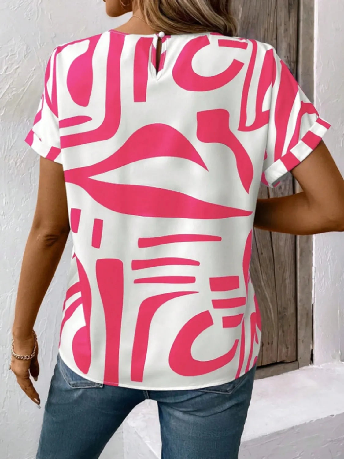 Contrast Round Neck Short Sleeve Blouse - Free Shipping - aurelia-clothing-8955