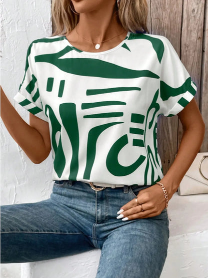 Contrast Round Neck Short Sleeve Blouse - Free Shipping - aurelia-clothing-8955
