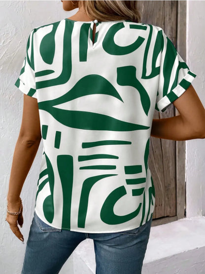 Contrast Round Neck Short Sleeve Blouse - Free Shipping - aurelia-clothing-8955