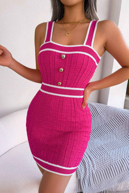 Contrast Trim Decorative Button Sleeveless Knit Dress - aurelia-clothing-8955