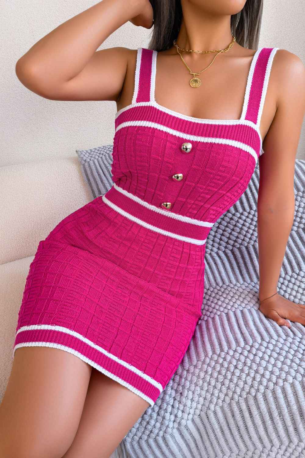 Contrast Trim Decorative Button Sleeveless Knit Dress - aurelia-clothing-8955