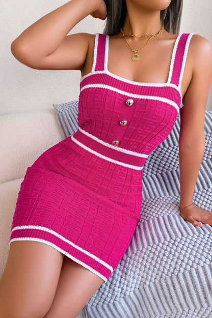 Contrast Trim Decorative Button Sleeveless Knit Dress - aurelia-clothing-8955