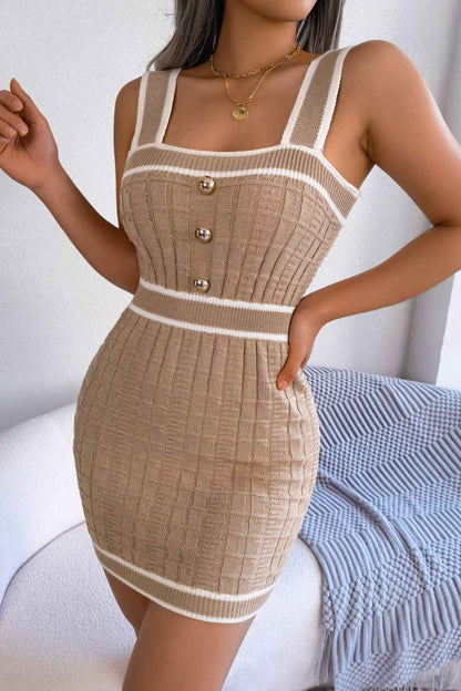 Contrast Trim Decorative Button Sleeveless Knit Dress - aurelia-clothing-8955