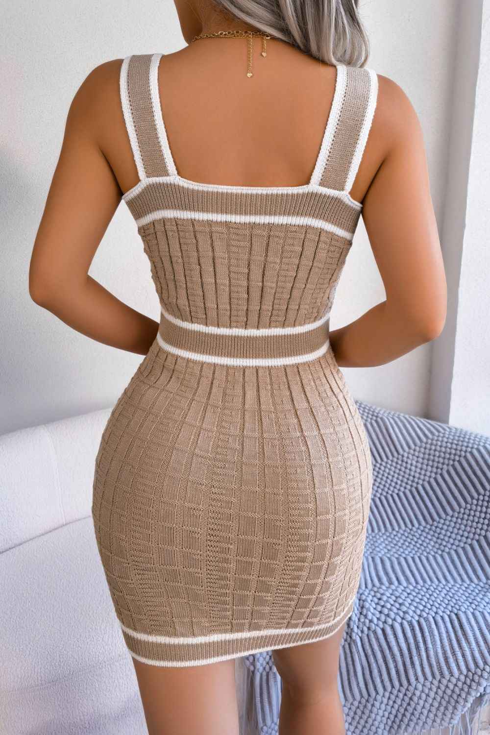 Contrast Trim Decorative Button Sleeveless Knit Dress - aurelia-clothing-8955